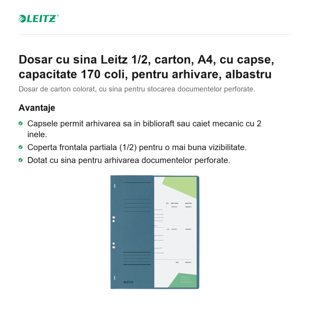 Dosar cu sina Leitz 1/2, carton, A4, cu capse, capacitate 170 coli, pentru arhivare, albastru [2]