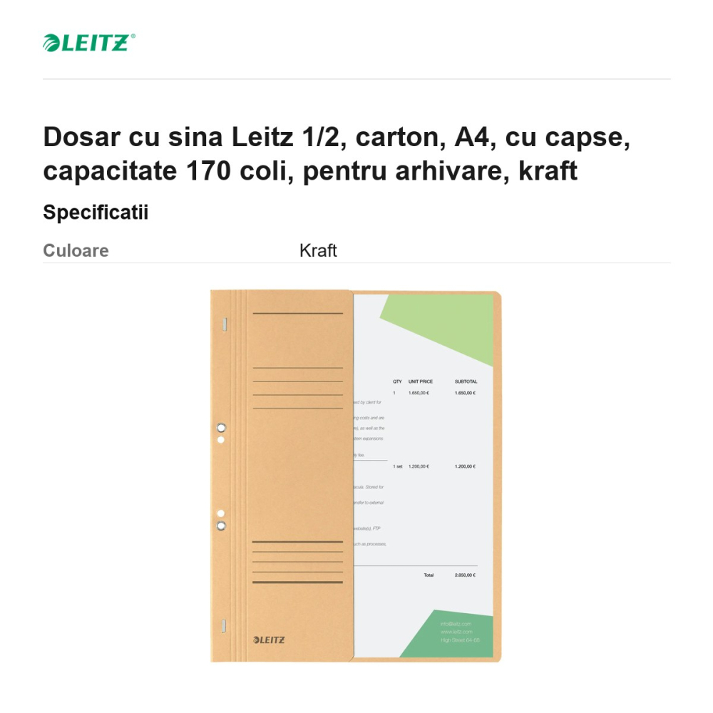 Dosar cu sina Leitz 1/2, carton, A4, cu capse, capacitate 170 coli, pentru arhivare, kraft [3]