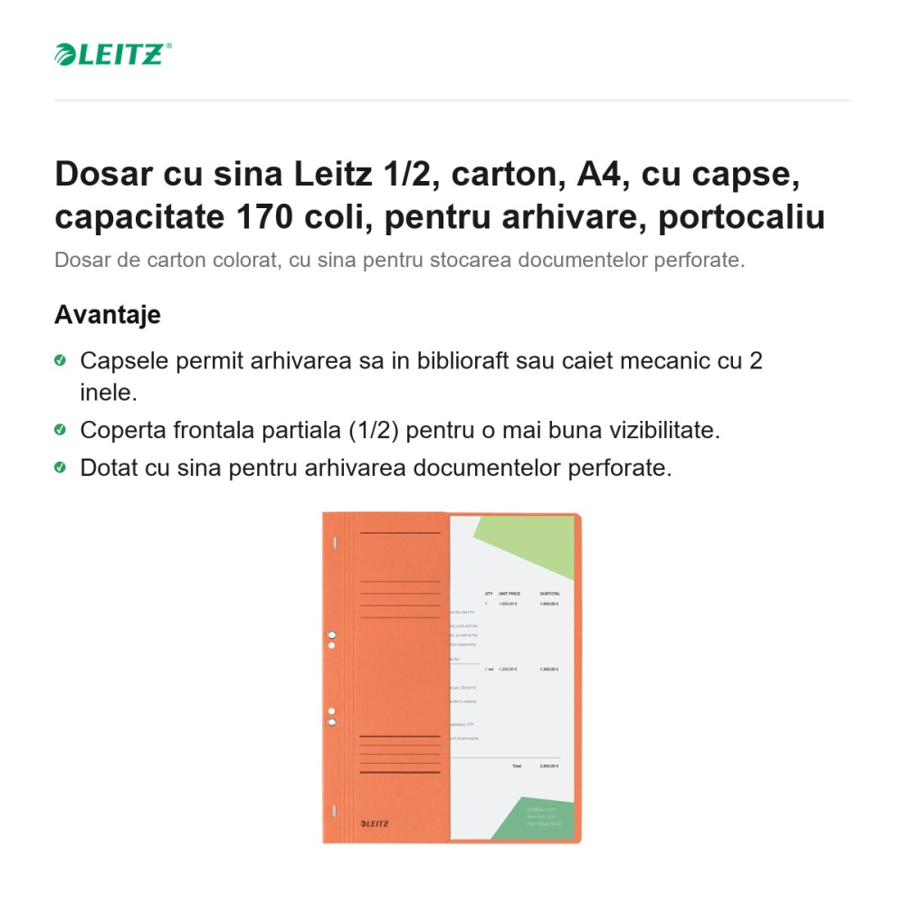 Dosar cu sina Leitz 1/2, carton, A4, cu capse, capacitate 170 coli, pentru arhivare, portocaliu [2]