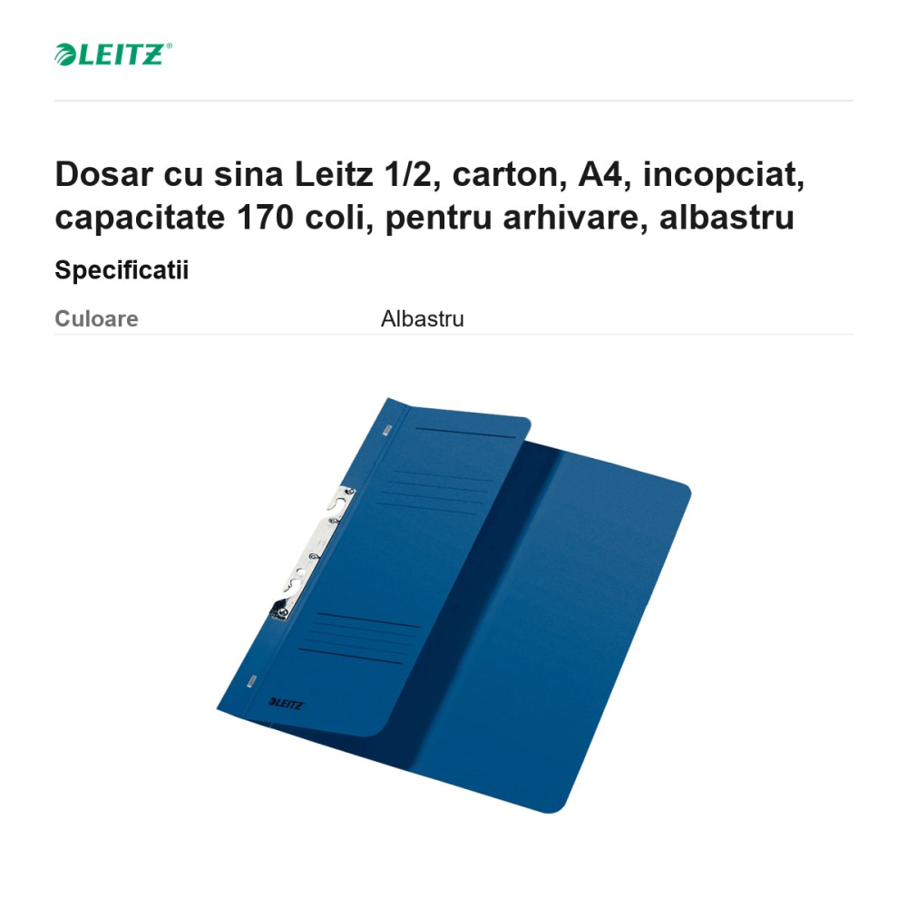 Dosar cu sina Leitz 1/2, carton, A4, incopciat, capacitate 170 coli, pentru arhivare, albastru [3]