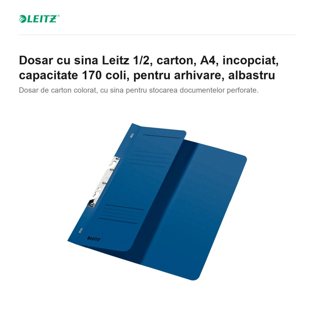 Dosar cu sina Leitz 1/2, carton, A4, incopciat, capacitate 170 coli, pentru arhivare, albastru [2]