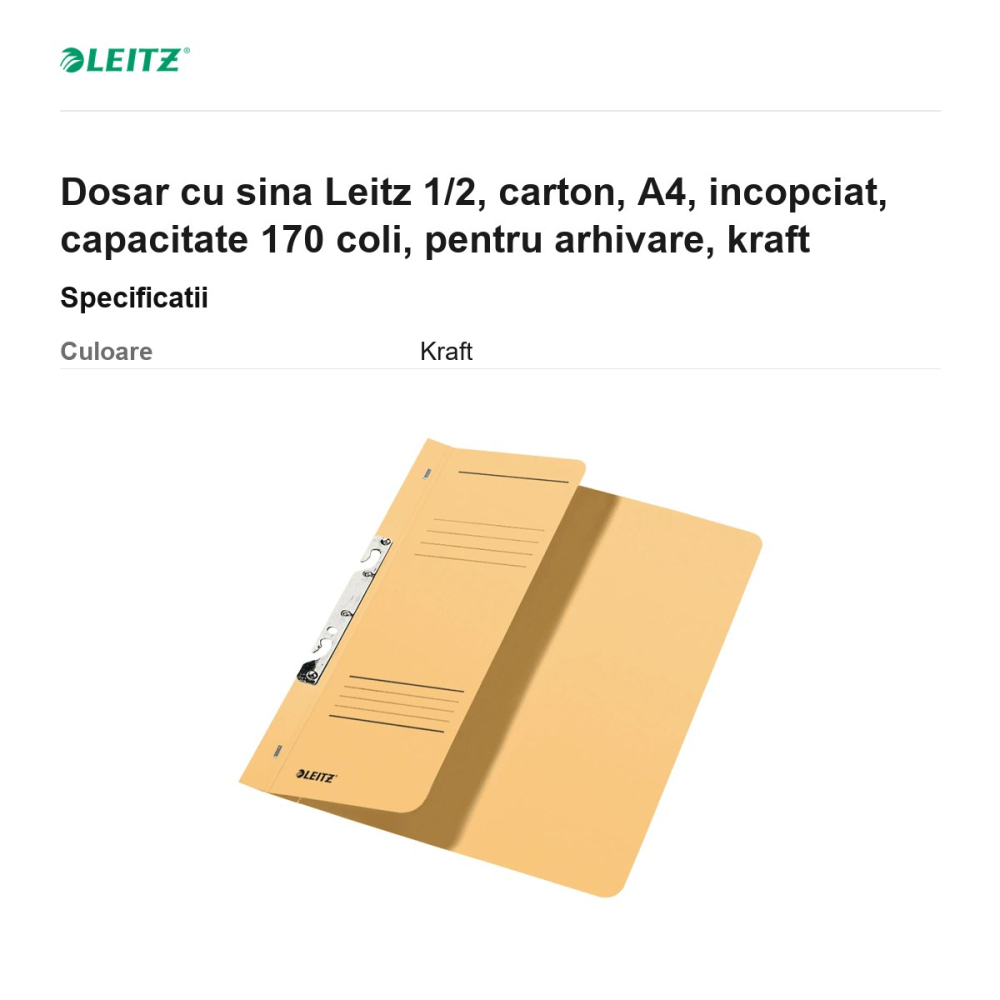 Dosar cu sina Leitz 1/2, carton, A4, incopciat, capacitate 170 coli, pentru arhivare, kraft [3]