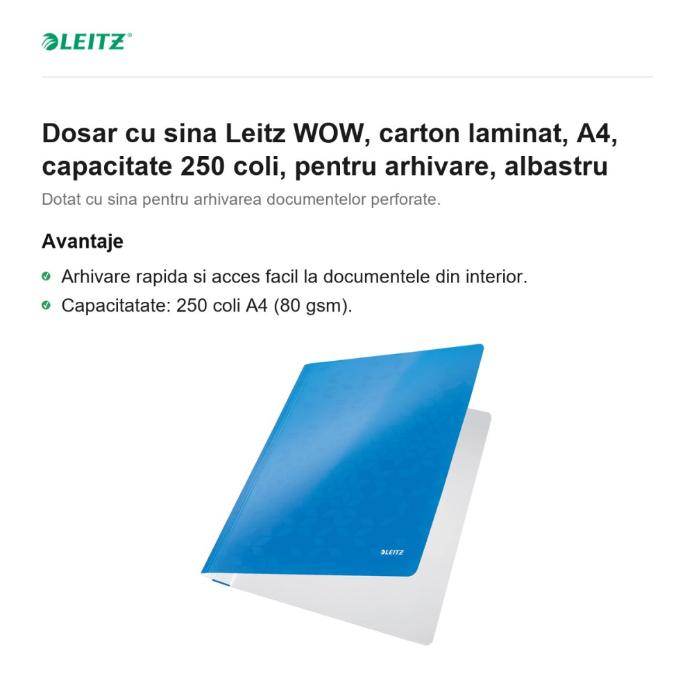 Dosar cu sina Leitz WOW, carton laminat, A4, capacitate 250 coli, pentru arhivare, albastru [2]