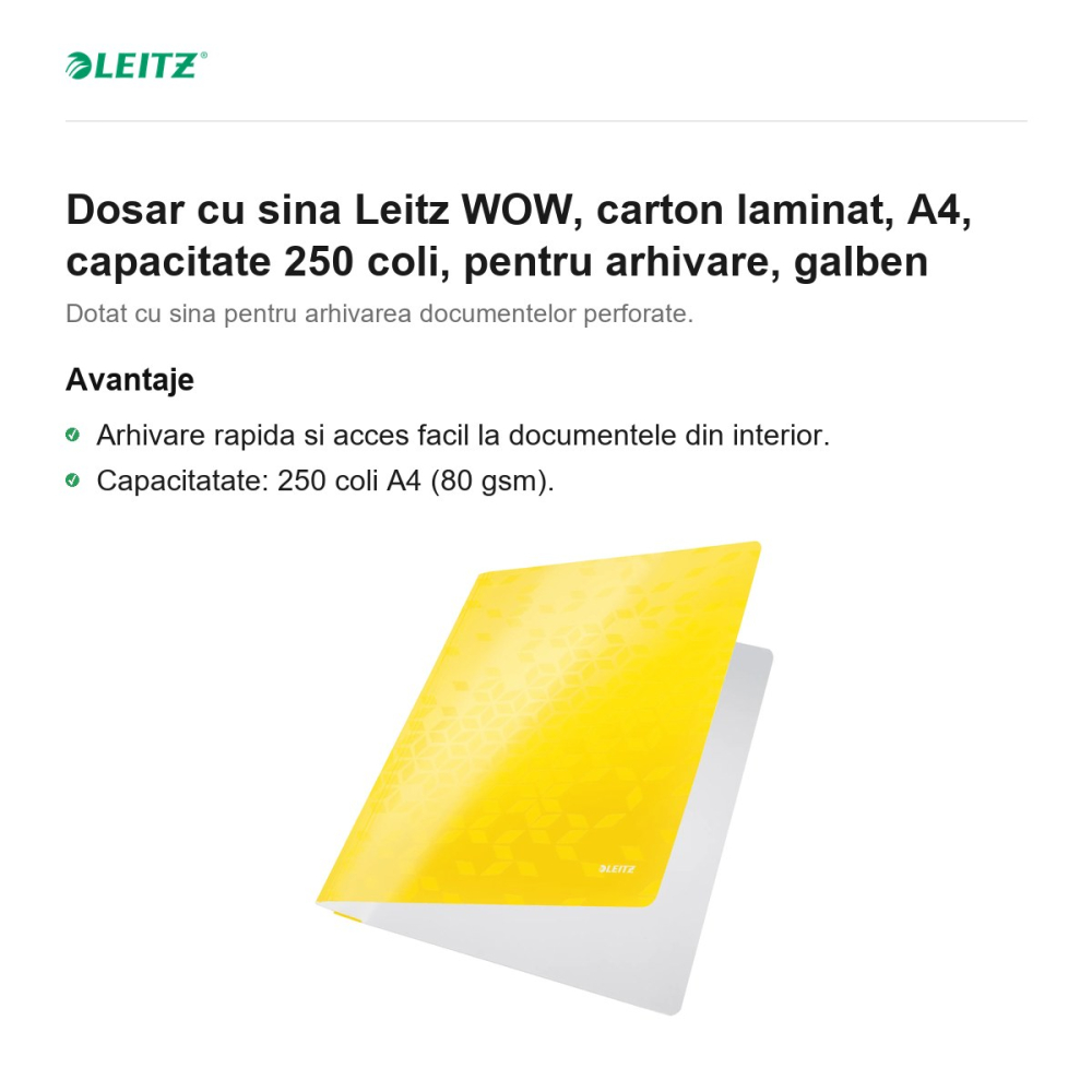 Dosar cu sina Leitz WOW, carton laminat, A4, capacitate 250 coli, pentru arhivare, galben [2]