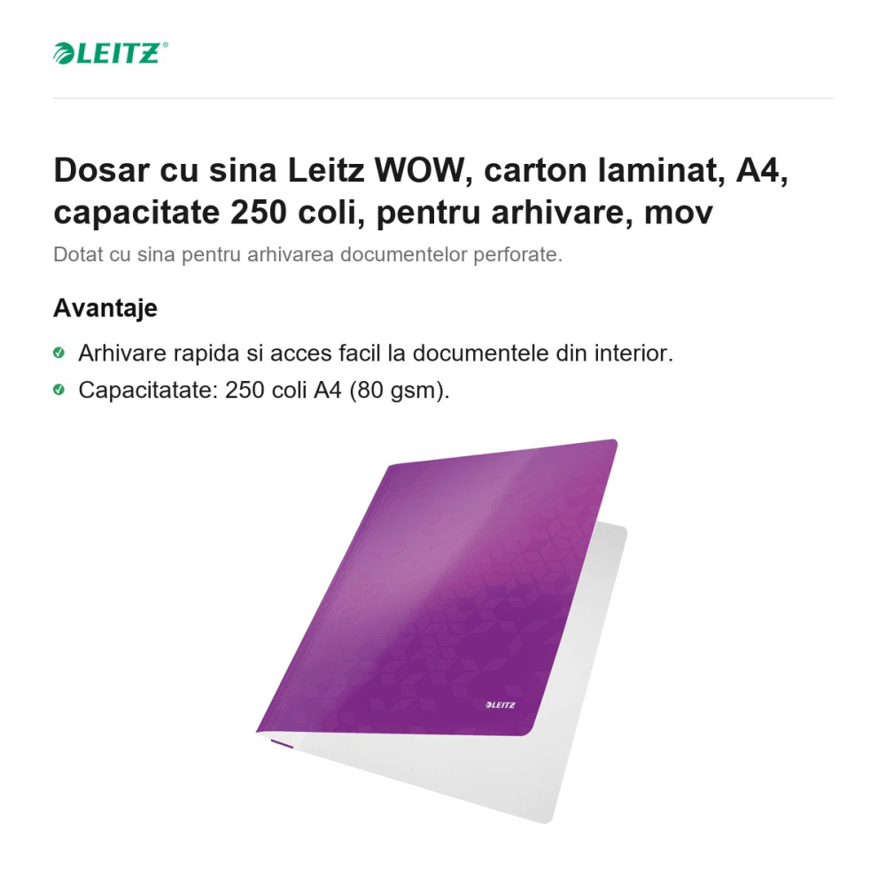 Dosar cu sina Leitz WOW, carton laminat, A4, capacitate 250 coli, pentru arhivare, mov [2]