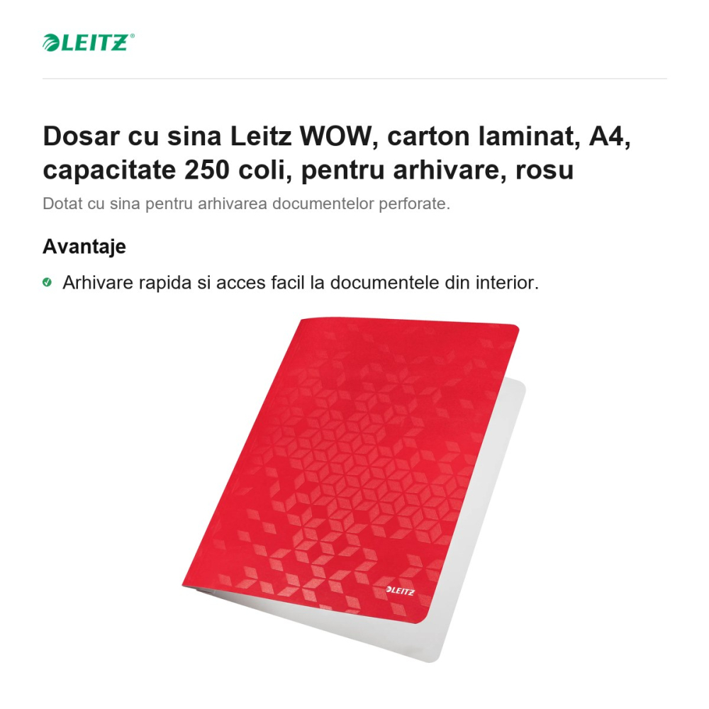 Dosar cu sina Leitz WOW, carton laminat, A4, capacitate 250 coli, pentru arhivare, rosu [2]
