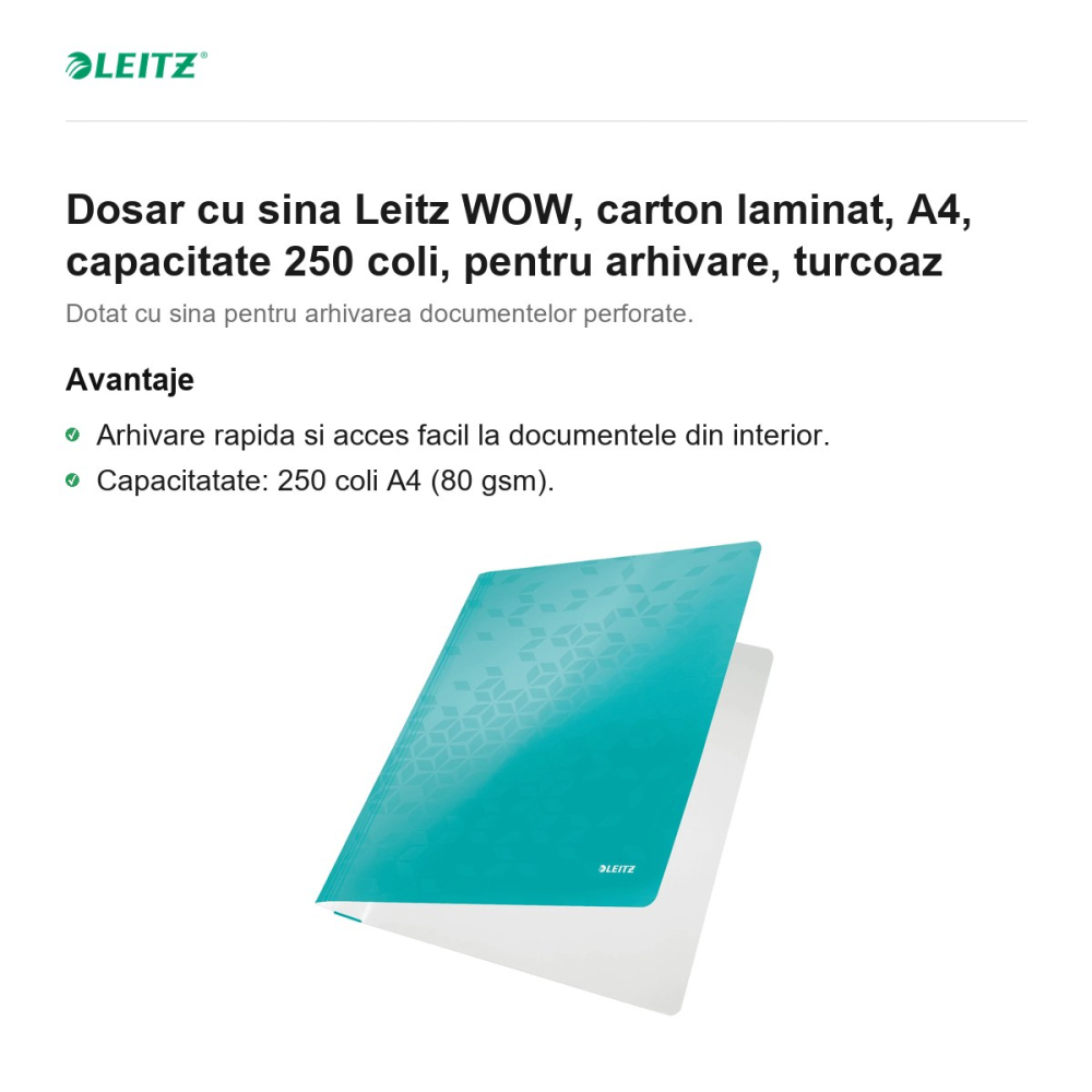 Dosar cu sina Leitz WOW, carton laminat, A4, capacitate 250 coli, pentru arhivare, turcoaz [2]