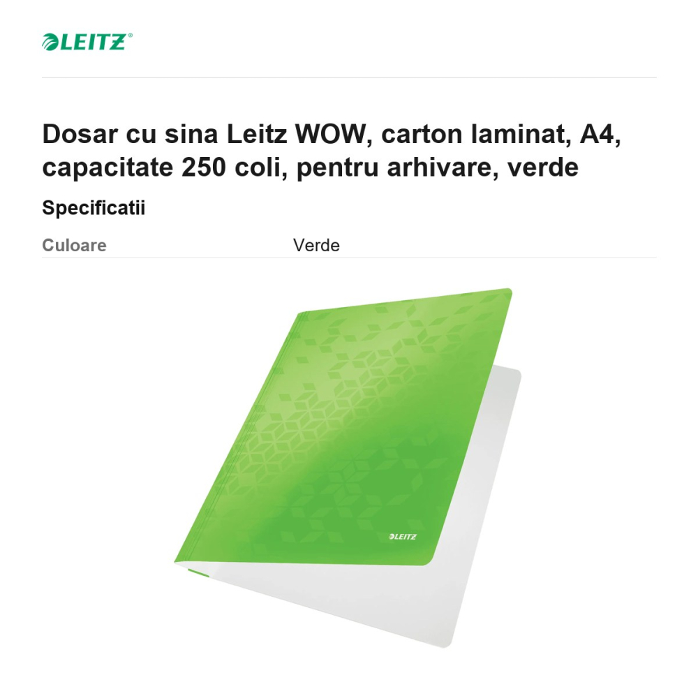Dosar cu sina Leitz WOW, carton laminat, A4, capacitate 250 coli, pentru arhivare, verde [3]