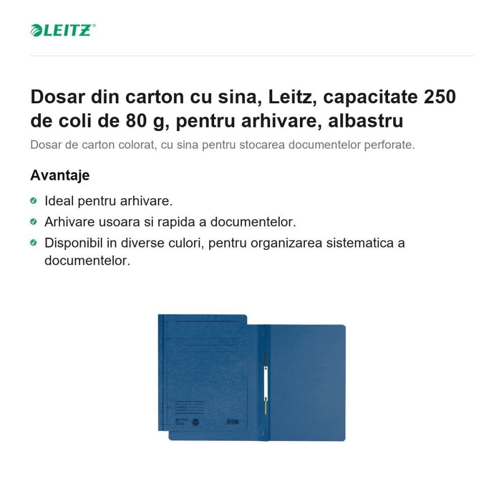 Dosar din carton cu sina, Leitz, capacitate 250 de coli de 80 g, pentru arhivare, albastru [2]
