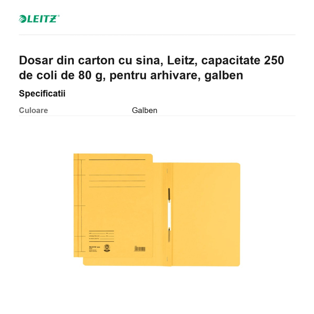 Dosar din carton cu sina, Leitz, capacitate 250 de coli de 80 g, pentru arhivare, galben [3]