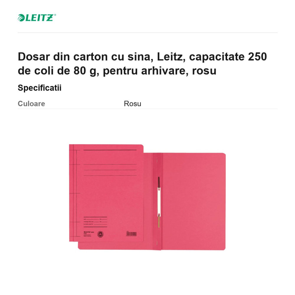 Dosar din carton cu sina, Leitz, capacitate 250 de coli de 80 g, pentru arhivare, rosu [3]