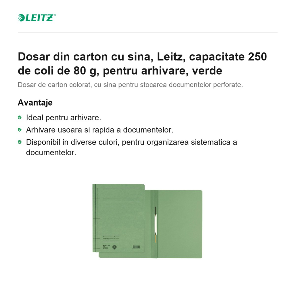 Dosar din carton cu sina, Leitz, capacitate 250 de coli de 80 g, pentru arhivare, verde [2]