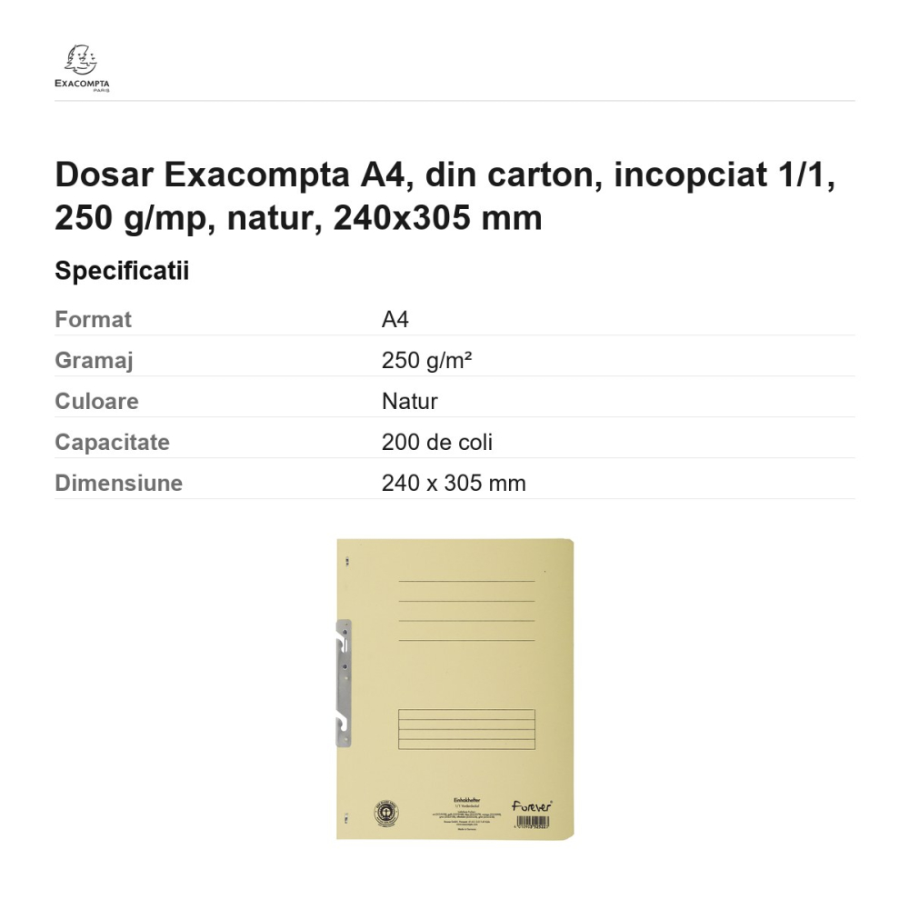 Dosar Exacompta A4, din carton, incopciat 1/1, 250 g/mp, natur, 240x305 mm [3]