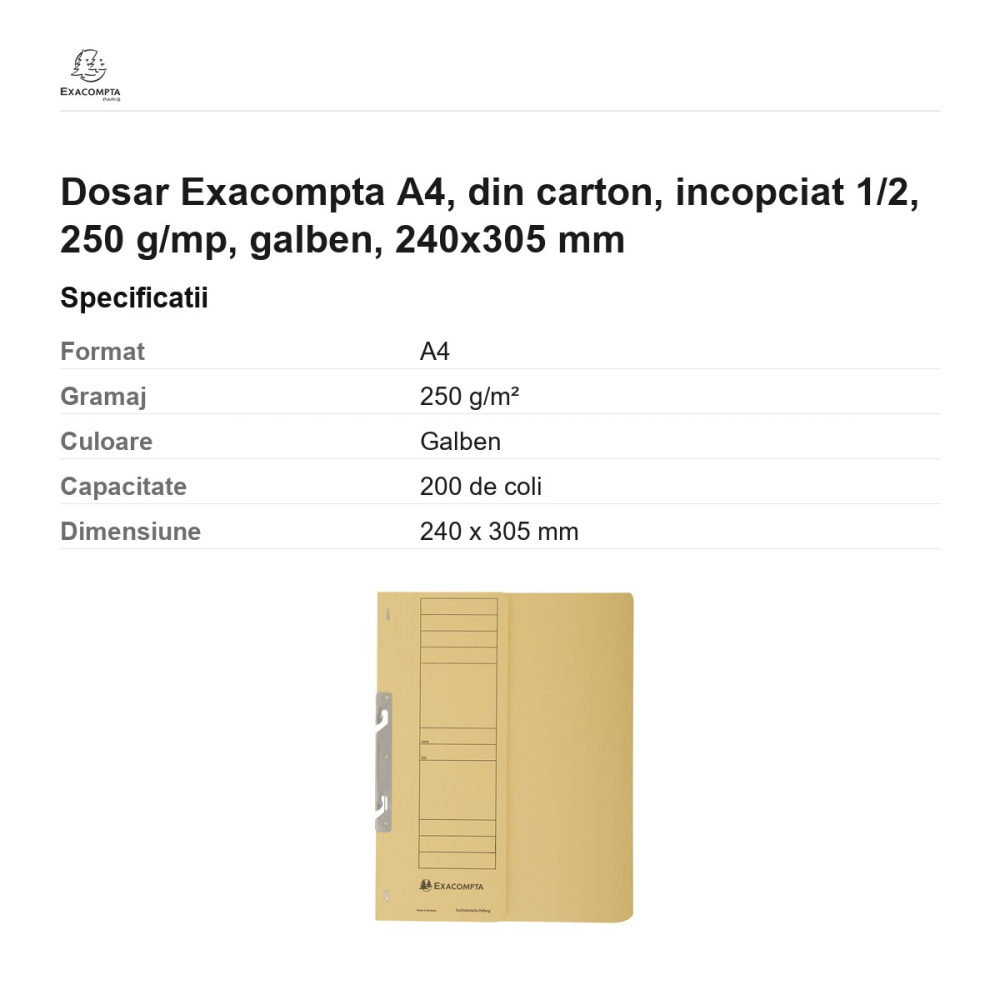 Dosar Exacompta A4, din carton, incopciat 1/2, 250 g/mp, galben, 240x305 mm [3]