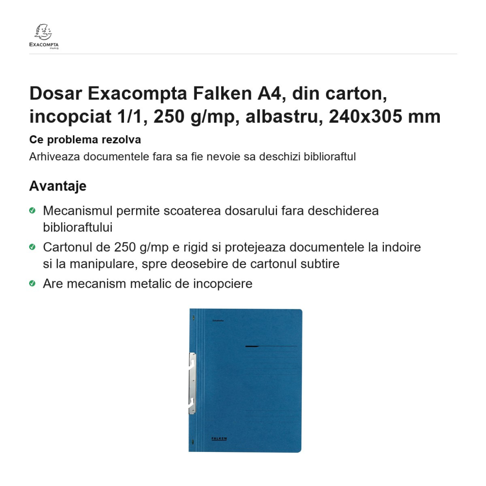 Dosar Exacompta Falken A4, din carton, incopciat 1/1, 250 g/mp, albastru, 240x305 mm [2]