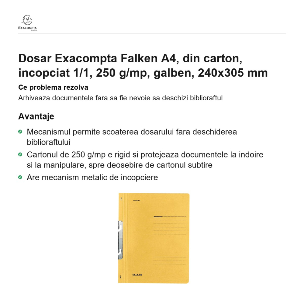Dosar Exacompta Falken A4, din carton, incopciat 1/1, 250 g/mp, galben, 240x305 mm [2]