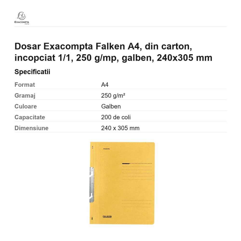 Dosar Exacompta Falken A4, din carton, incopciat 1/1, 250 g/mp, galben, 240x305 mm [3]