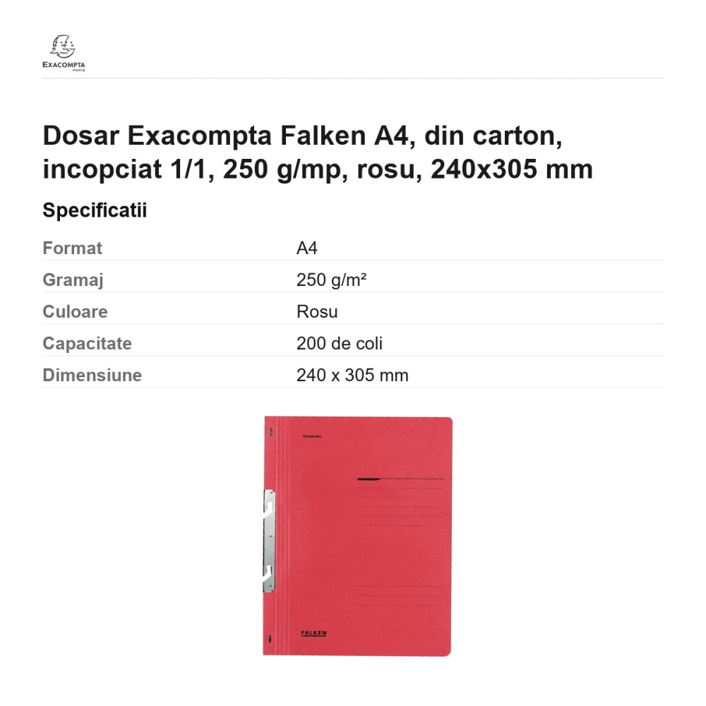 Dosar Exacompta Falken A4, din carton, incopciat 1/1, 250 g/mp, rosu, 240x305 mm [3]