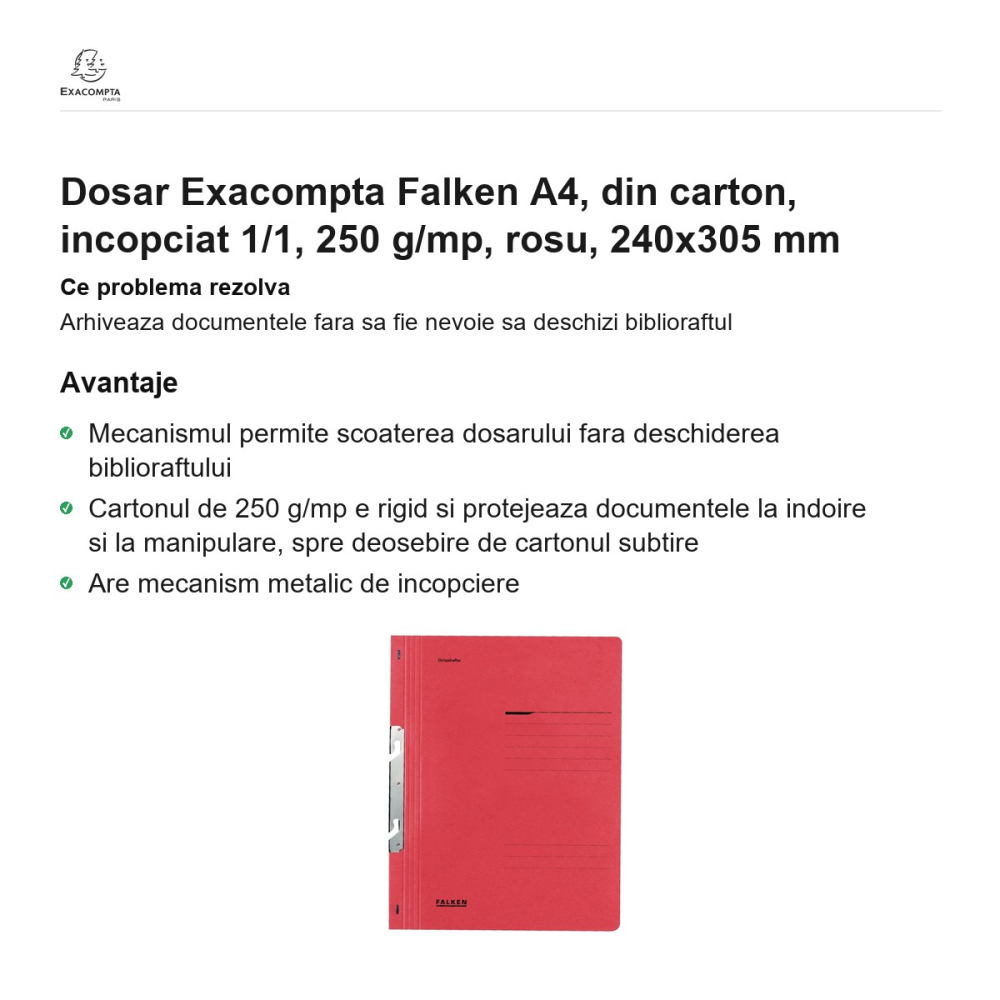 Dosar Exacompta Falken A4, din carton, incopciat 1/1, 250 g/mp, rosu, 240x305 mm [2]