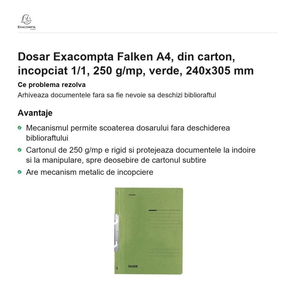 Dosar Exacompta Falken A4, din carton, incopciat 1/1, 250 g/mp, verde, 240x305 mm [2]