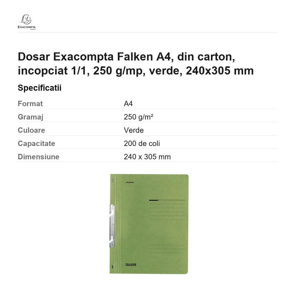 Dosar Exacompta Falken A4, din carton, incopciat 1/1, 250 g/mp, verde, 240x305 mm [3]