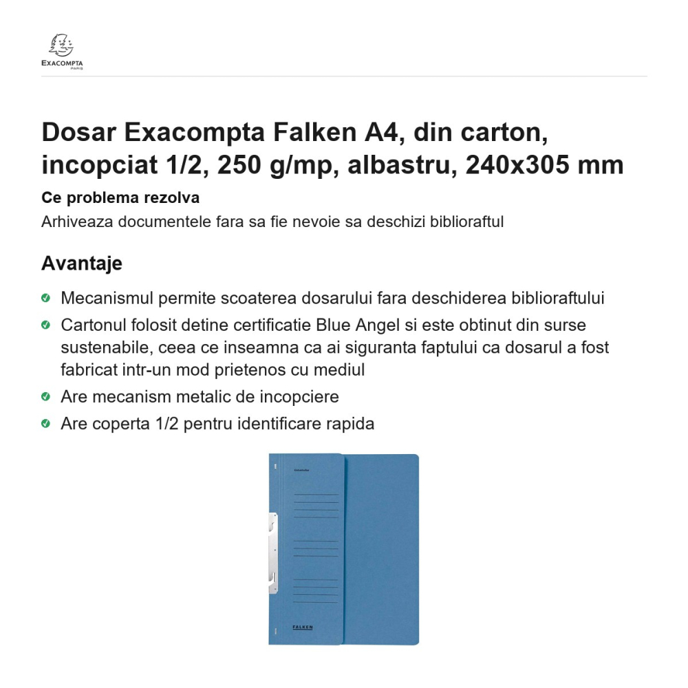 Dosar Exacompta Falken A4, din carton, incopciat 1/2, 250 g/mp, albastru, 240x305 mm [2]