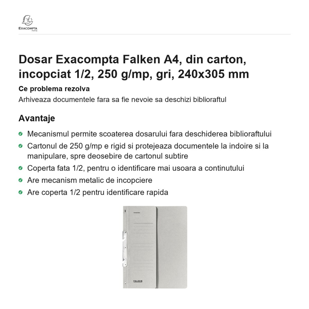Dosar Exacompta Falken A4, din carton, incopciat 1/2, 250 g/mp, gri, 240x305 mm [2]