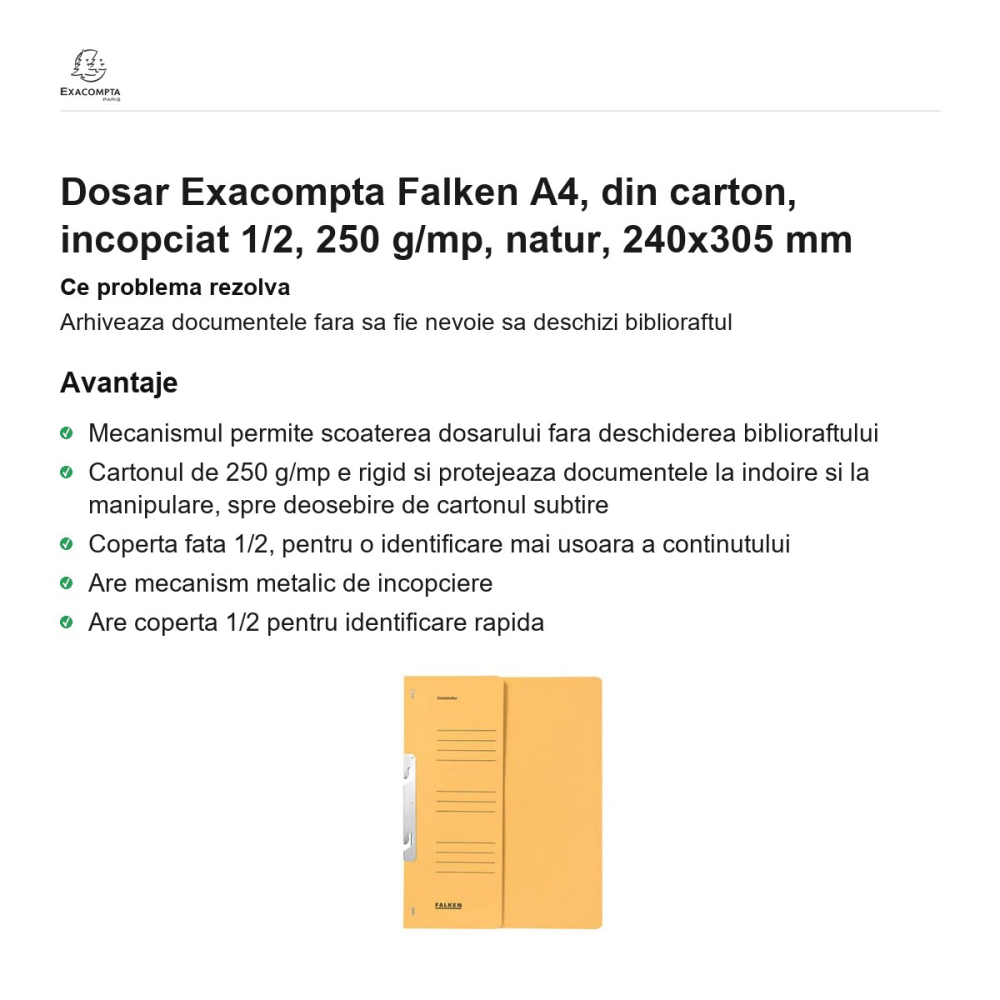 Dosar Exacompta Falken A4, din carton, incopciat 1/2, 250 g/mp, natur, 240x305 mm [2]