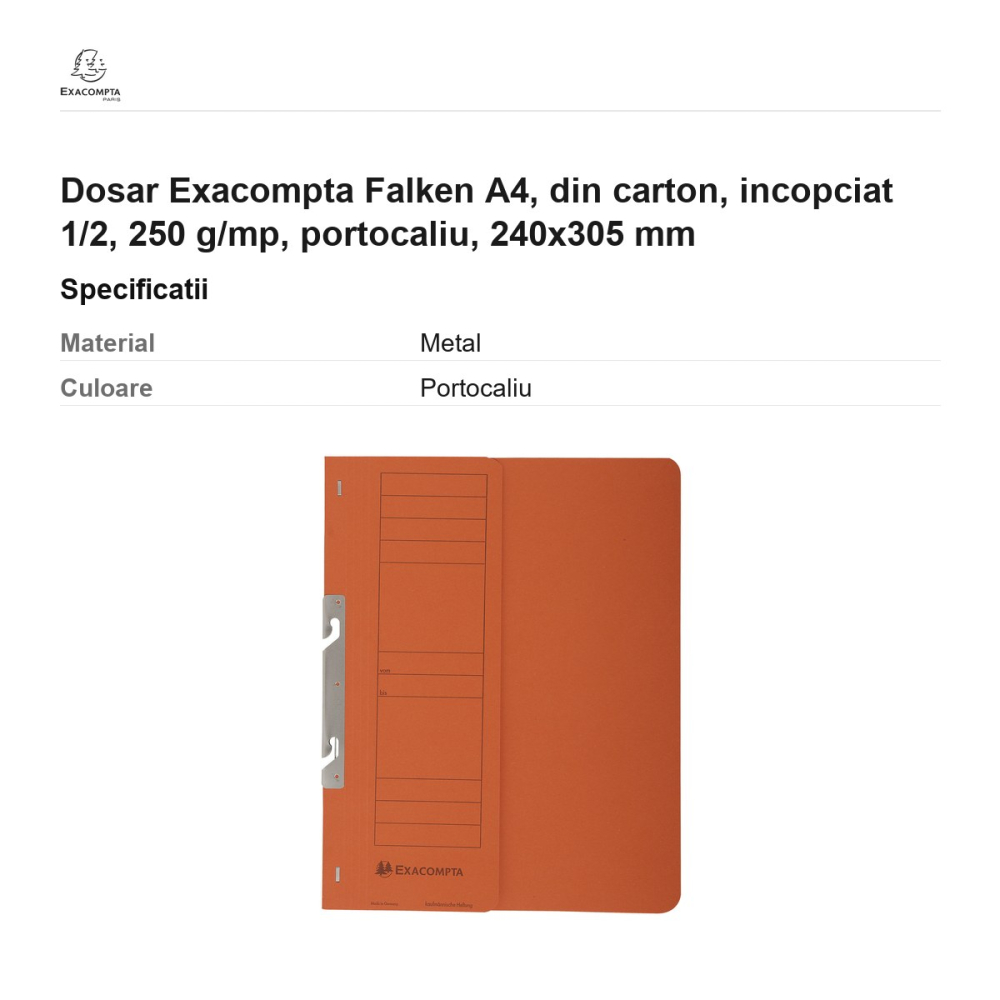 Dosar Exacompta Falken A4, din carton, incopciat 1/2, 250 g/mp, portocaliu, 240x305 mm [3]