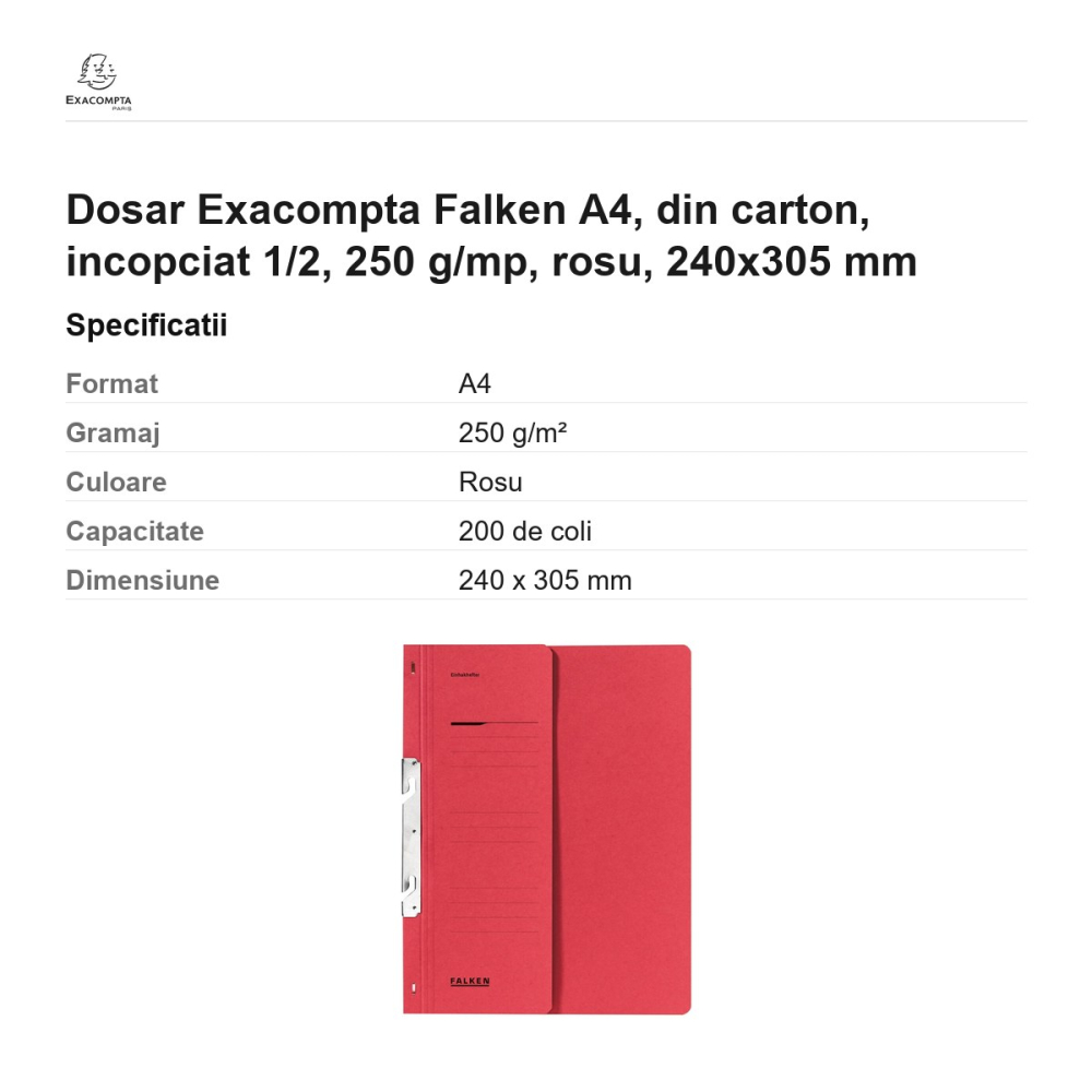 Dosar Exacompta Falken A4, din carton, incopciat 1/2, 250 g/mp, rosu, 240x305 mm [3]