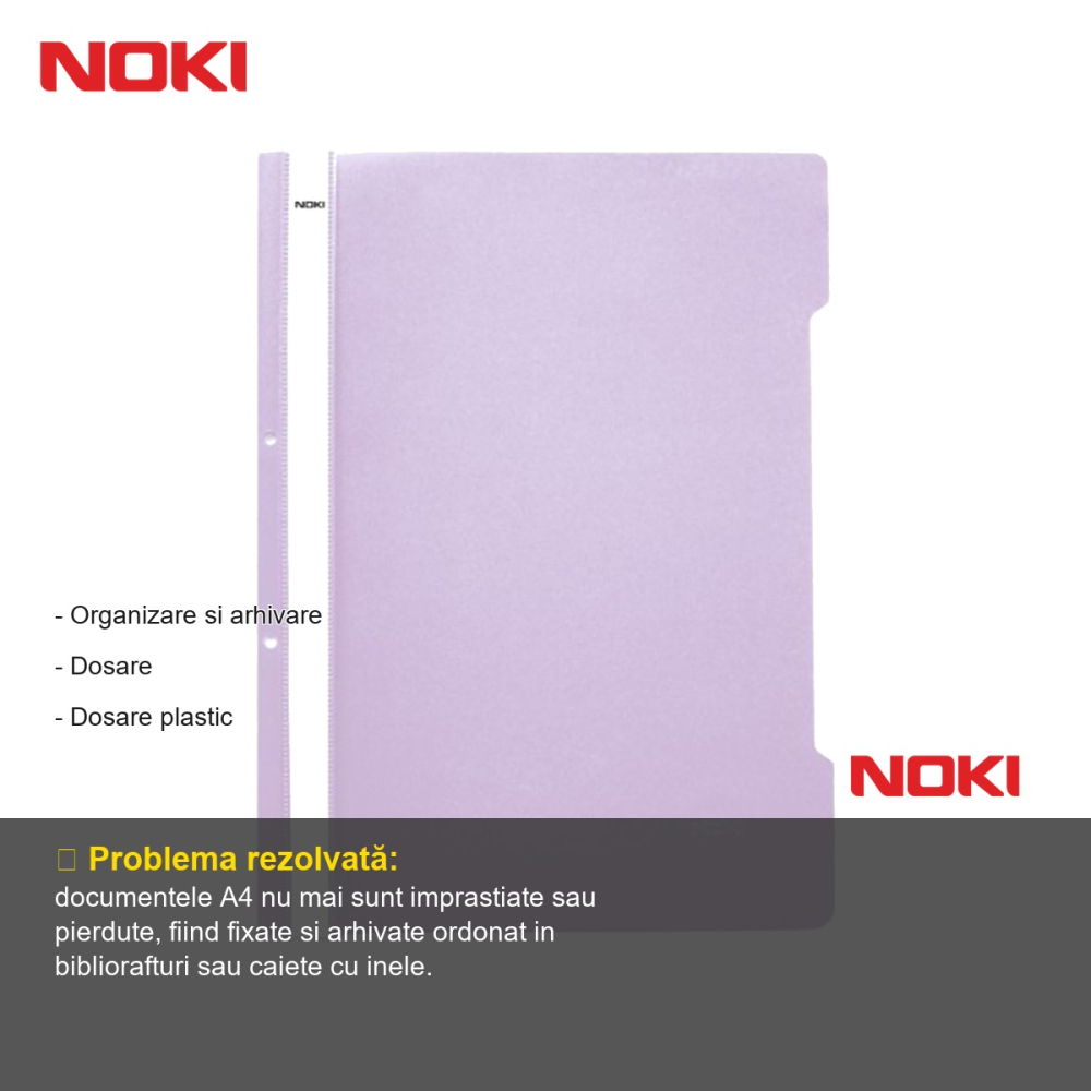 Set 10 dosare plastic cu sina si gauri Noki, format A4, culoare lila, pentru organizare documente [2]