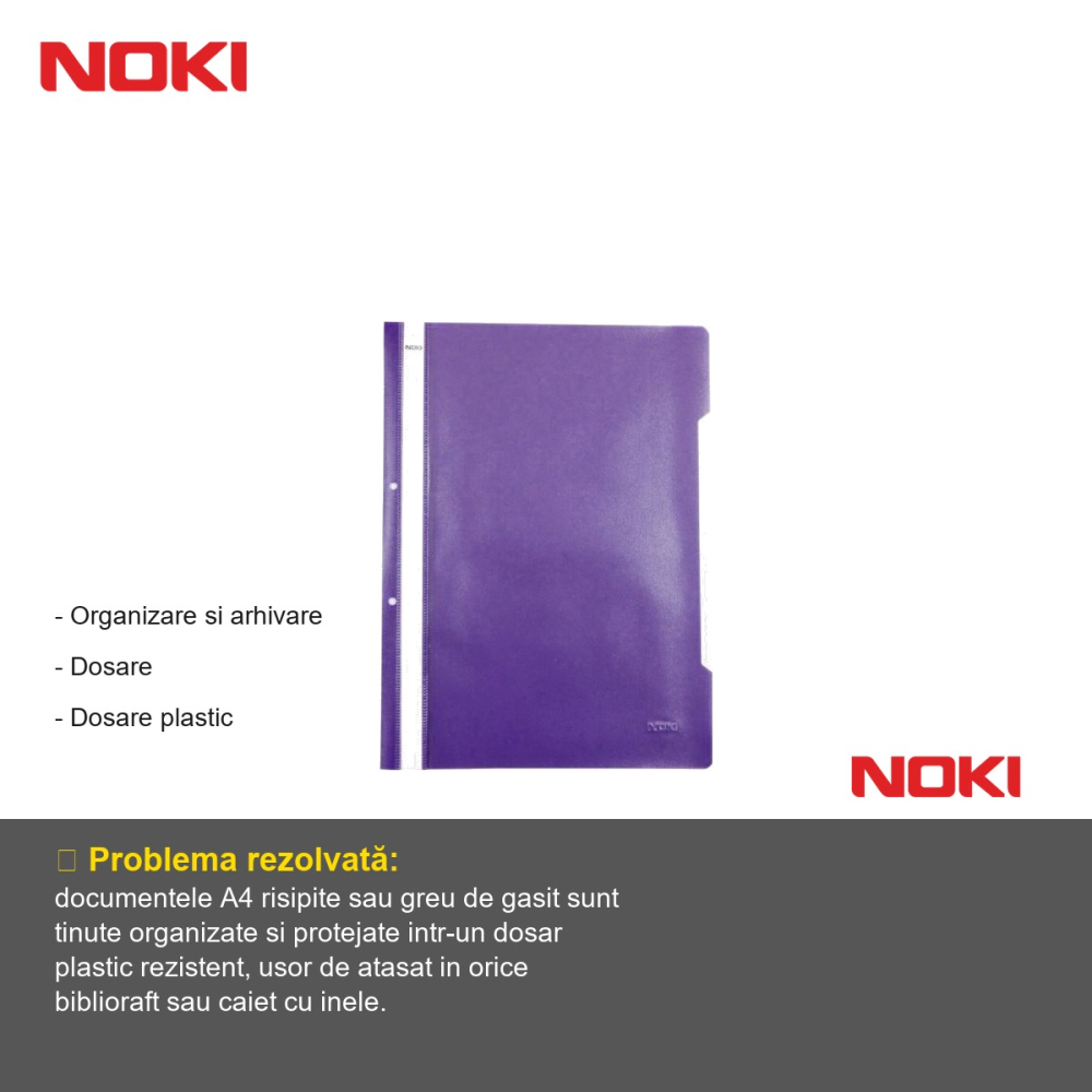 Set 10 dosare plastic cu sina si gauri Noki, format A4, culoare mov, pentru organizare documente [2]
