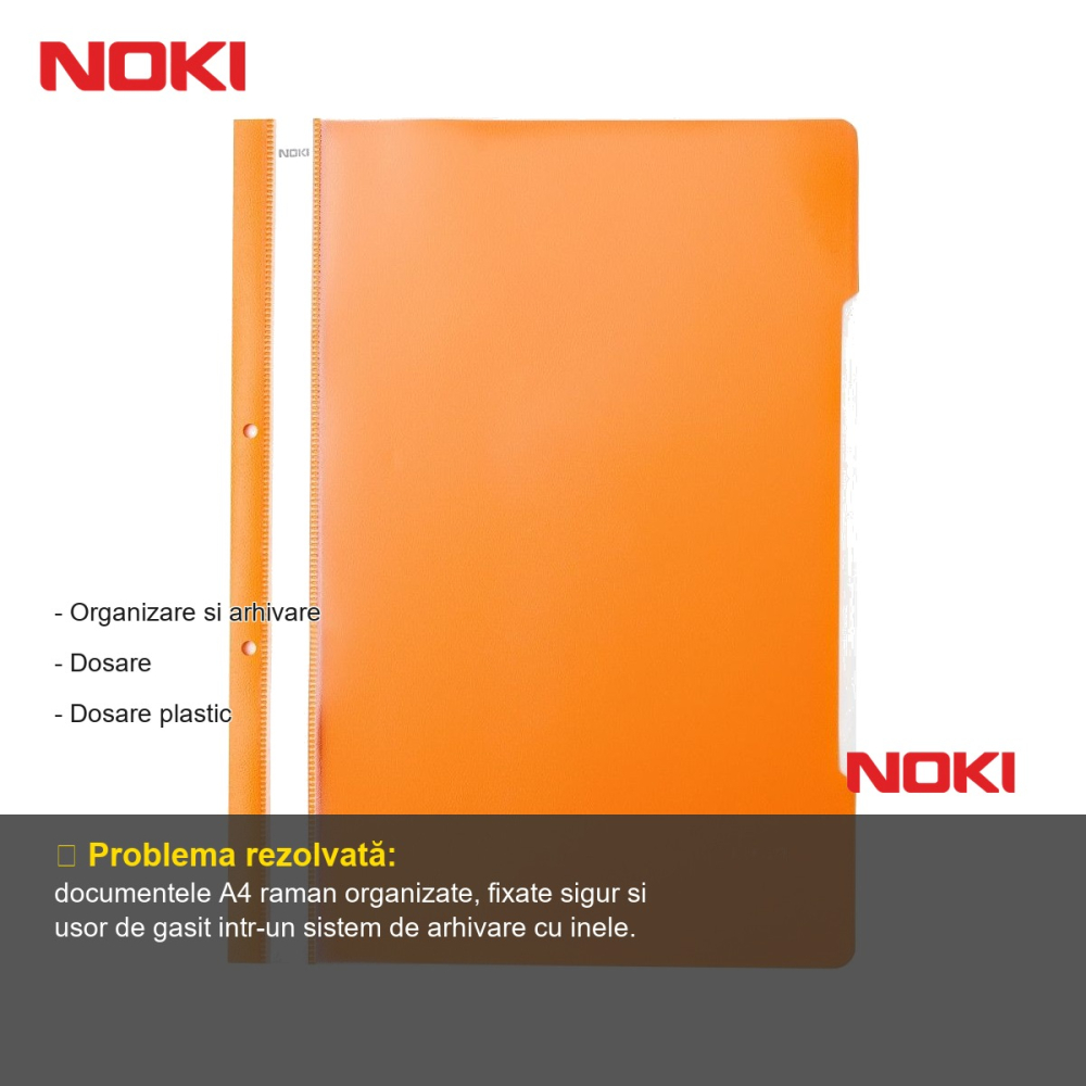 Set 10 dosare plastic cu sina si gauri Noki, format A4, portocaliu, pentru organizare documente [2]