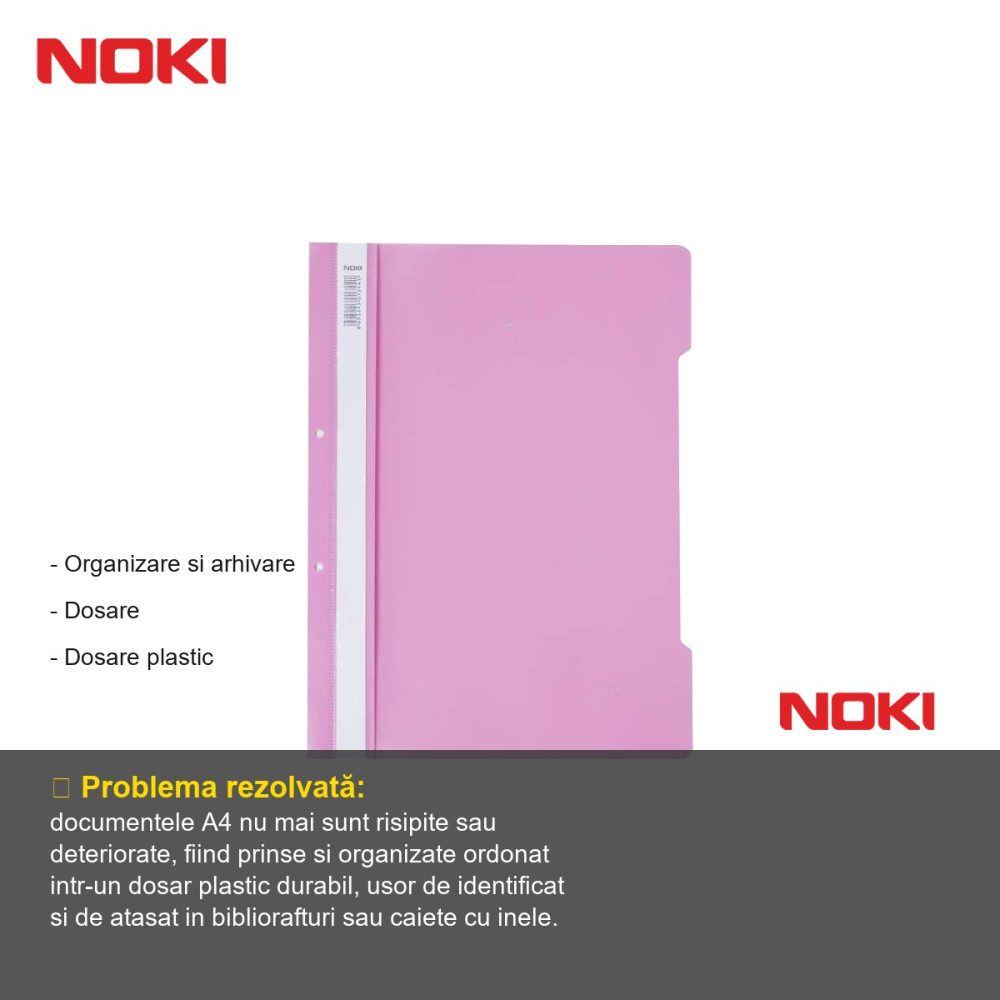 Set 10 dosare plastic cu sina si gauri Noki, culoare roz pal, pentru organizare documente A4 [2]