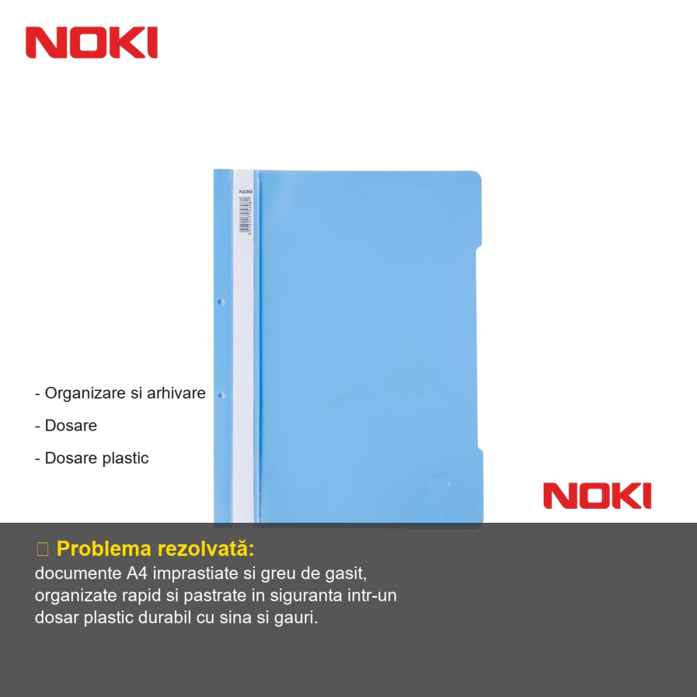 Set 10 dosare plastic cu sina si gauri Noki, format A4, culoare turcoaz, pentru organizare documente [2]