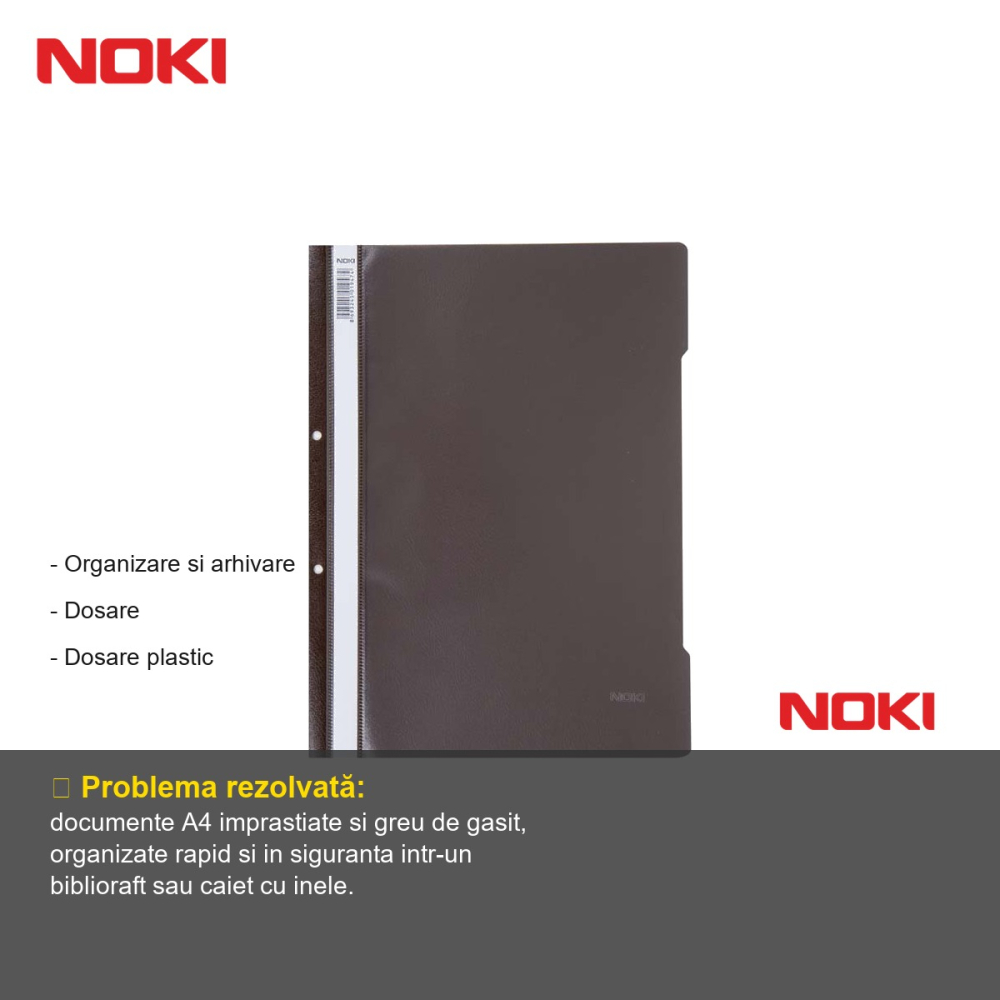 Set 10 dosare plastic cu sina si gauri Noki, format A4, culoare maro, pentru organizare documente [2]