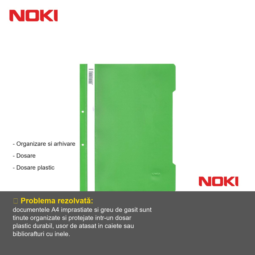 Set 10 dosare plastic cu sina si gauri Noki, verde deschis, pentru organizare documente A4 [2]
