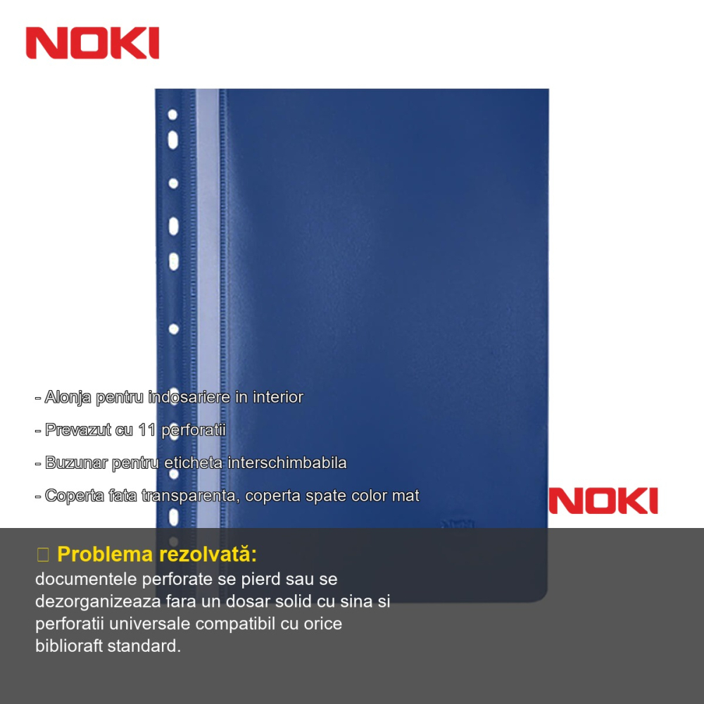 Set 10 dosare plastic cu sina si multiperforatii Noki, bleumarin, format A4, pentru arhivare documente [2]