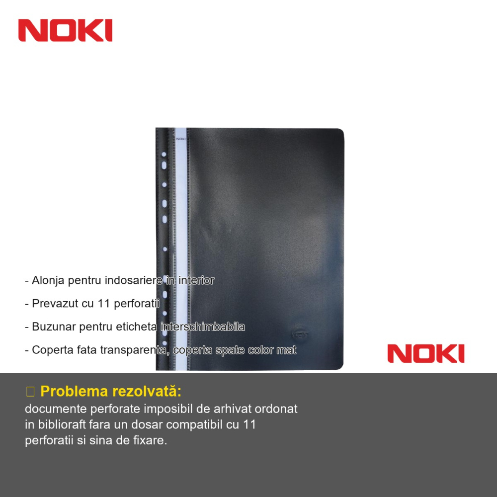 Set 10 dosare plastic cu sina si multiperforatii Noki, format A4, negru, pentru arhivare in biblioraft [2]