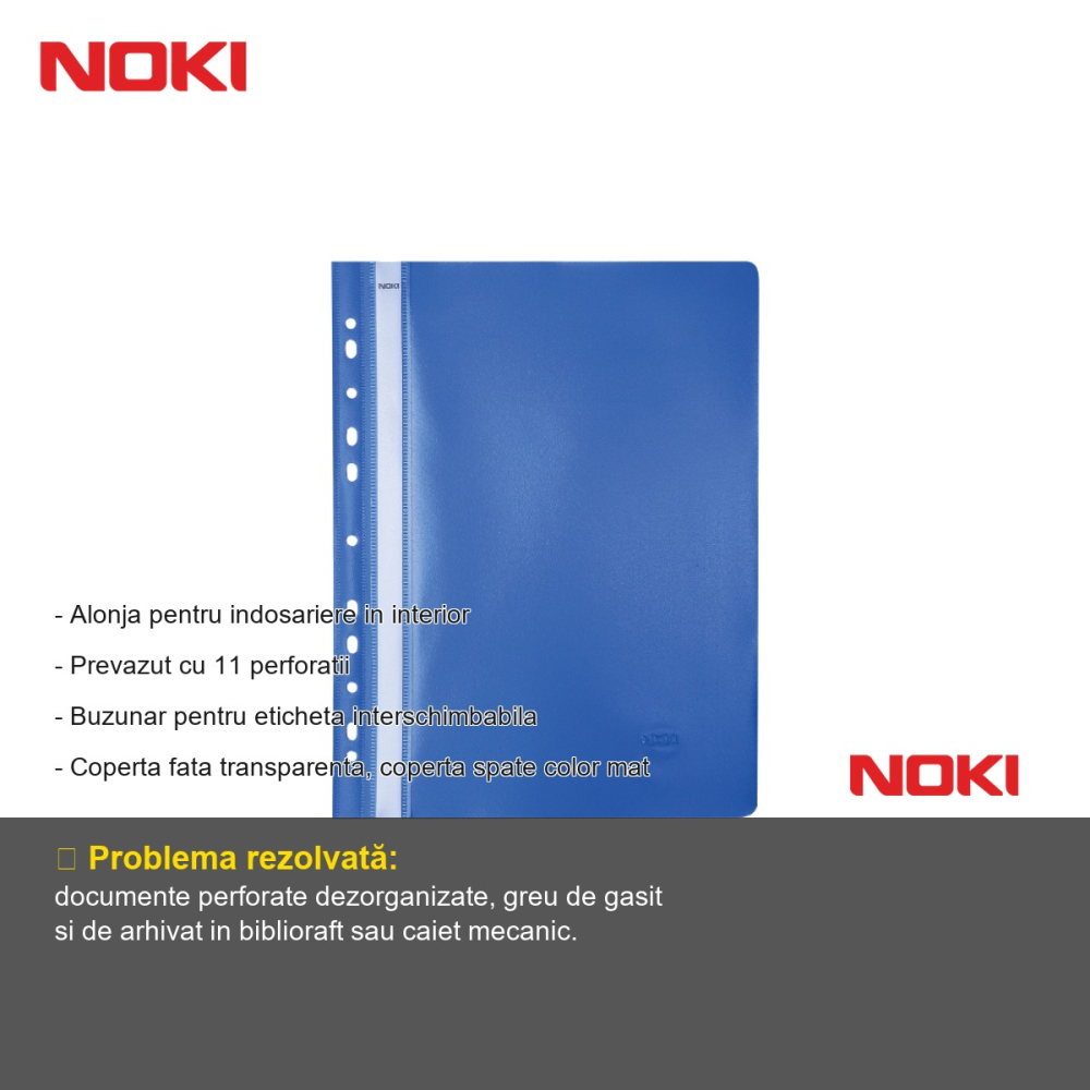 Set 10 dosare plastic cu sina si multiperforatii Noki, albastru, format A4, pentru arhivare in biblioraft [2]
