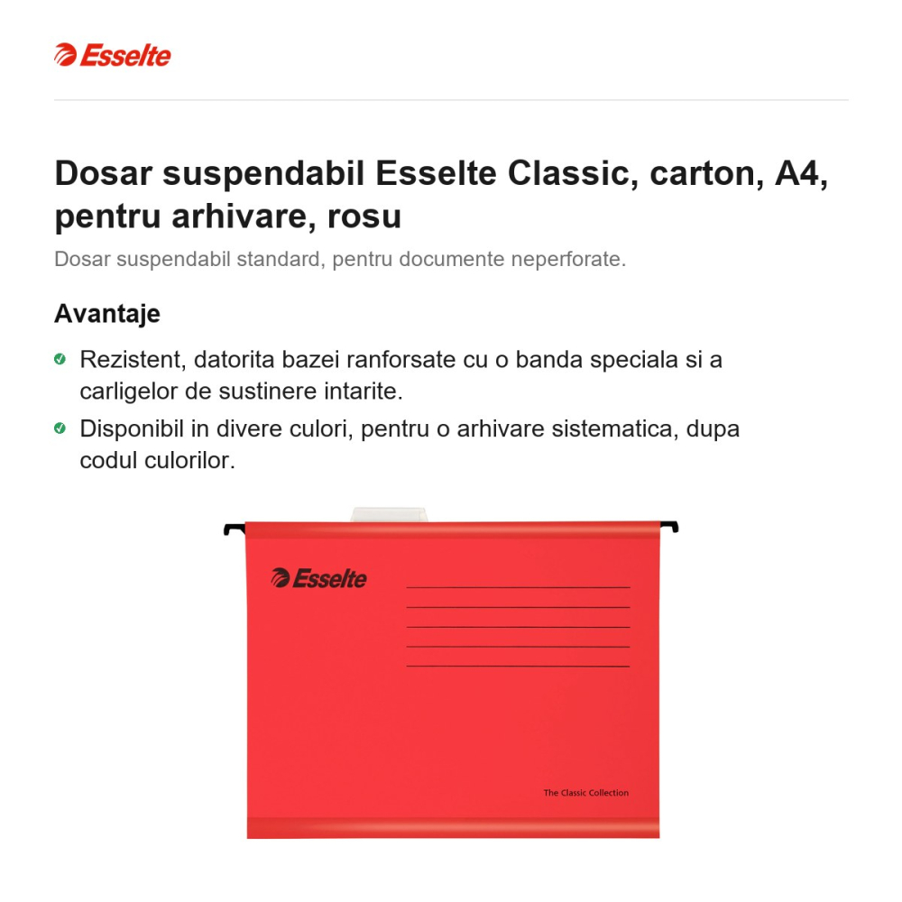 Dosar suspendabil Esselte Classic, carton, A4, pentru arhivare, rosu [2]