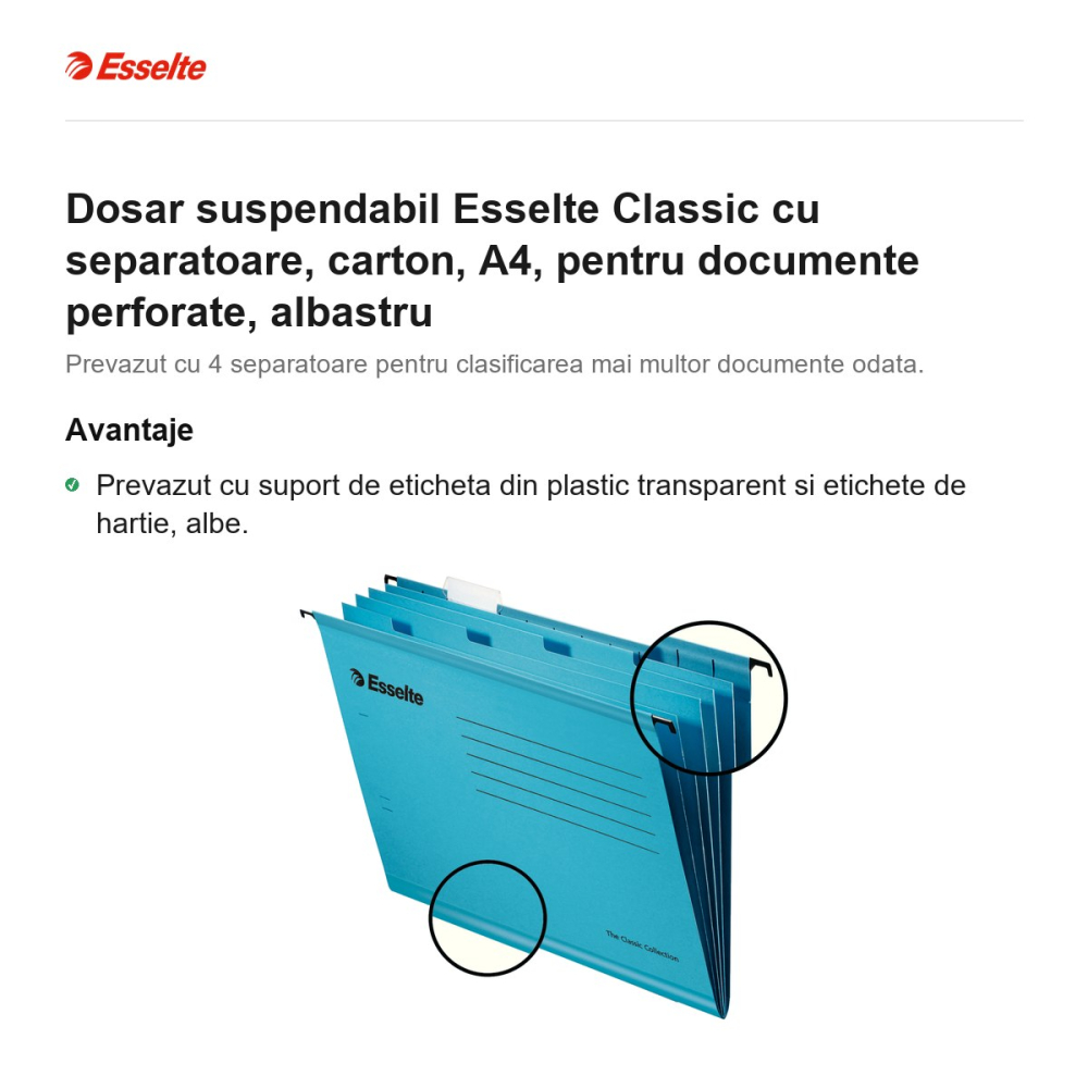Dosar suspendabil Esselte Classic cu separatoare, carton, A4, pentru documente perforate, albastru [2]