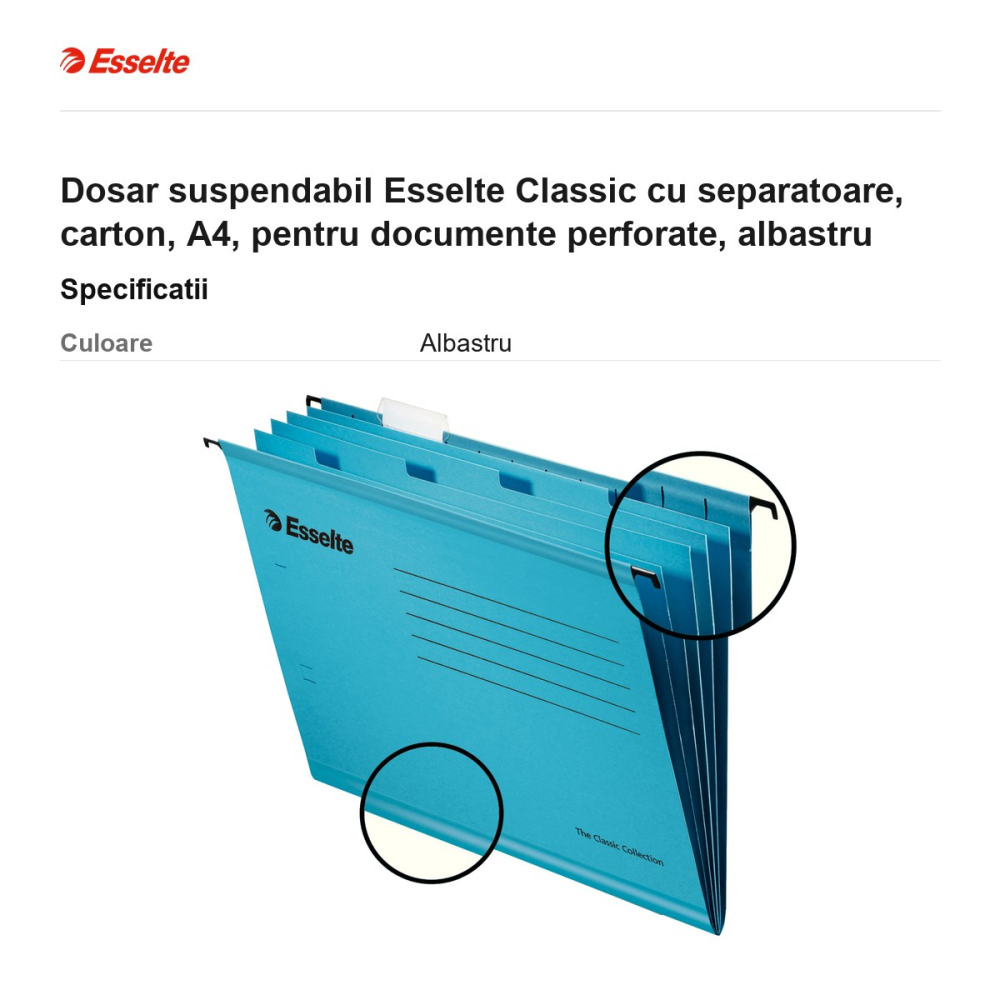 Dosar suspendabil Esselte Classic cu separatoare, carton, A4, pentru documente perforate, albastru [3]