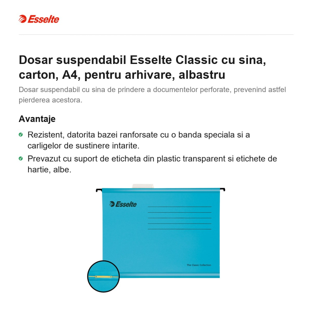 Dosar suspendabil Esselte Classic cu sina, carton, A4, pentru arhivare, albastru [2]