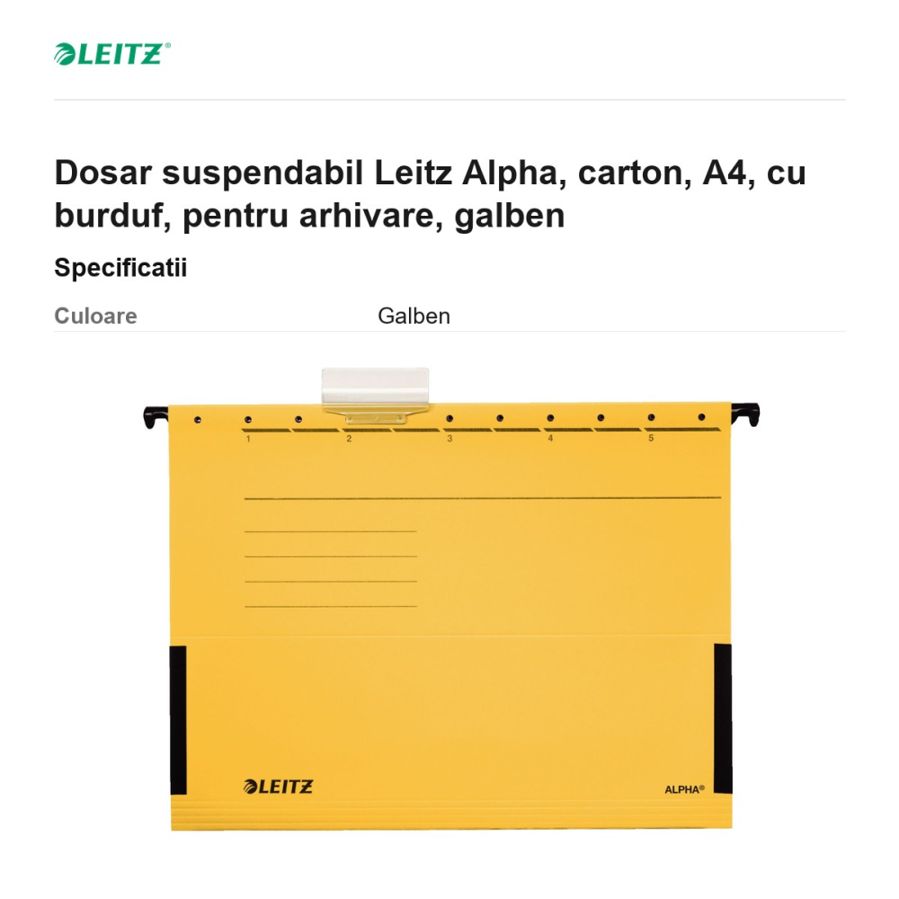 Dosar suspendabil Leitz Alpha, carton, A4, cu burduf, pentru arhivare, galben [3]