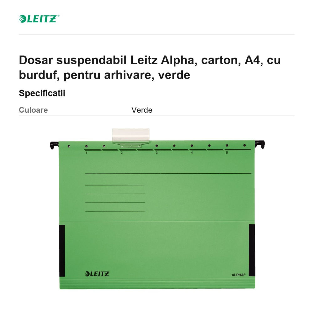 Dosar suspendabil Leitz Alpha, carton, A4, cu burduf, pentru arhivare, verde [3]