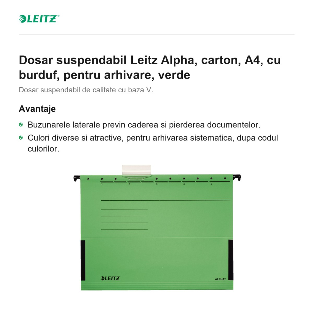 Dosar suspendabil Leitz Alpha, carton, A4, cu burduf, pentru arhivare, verde [2]