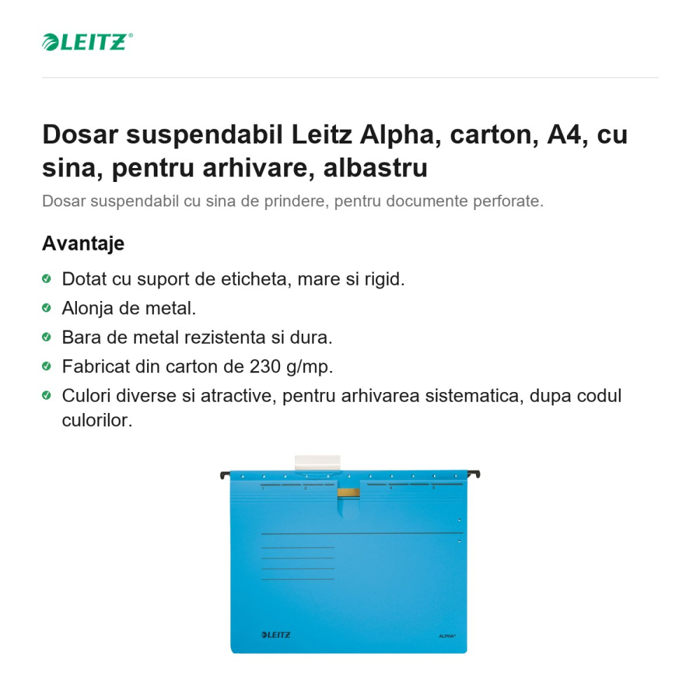 Dosar suspendabil Leitz Alpha, carton, A4, cu sina, pentru arhivare, albastru [2]
