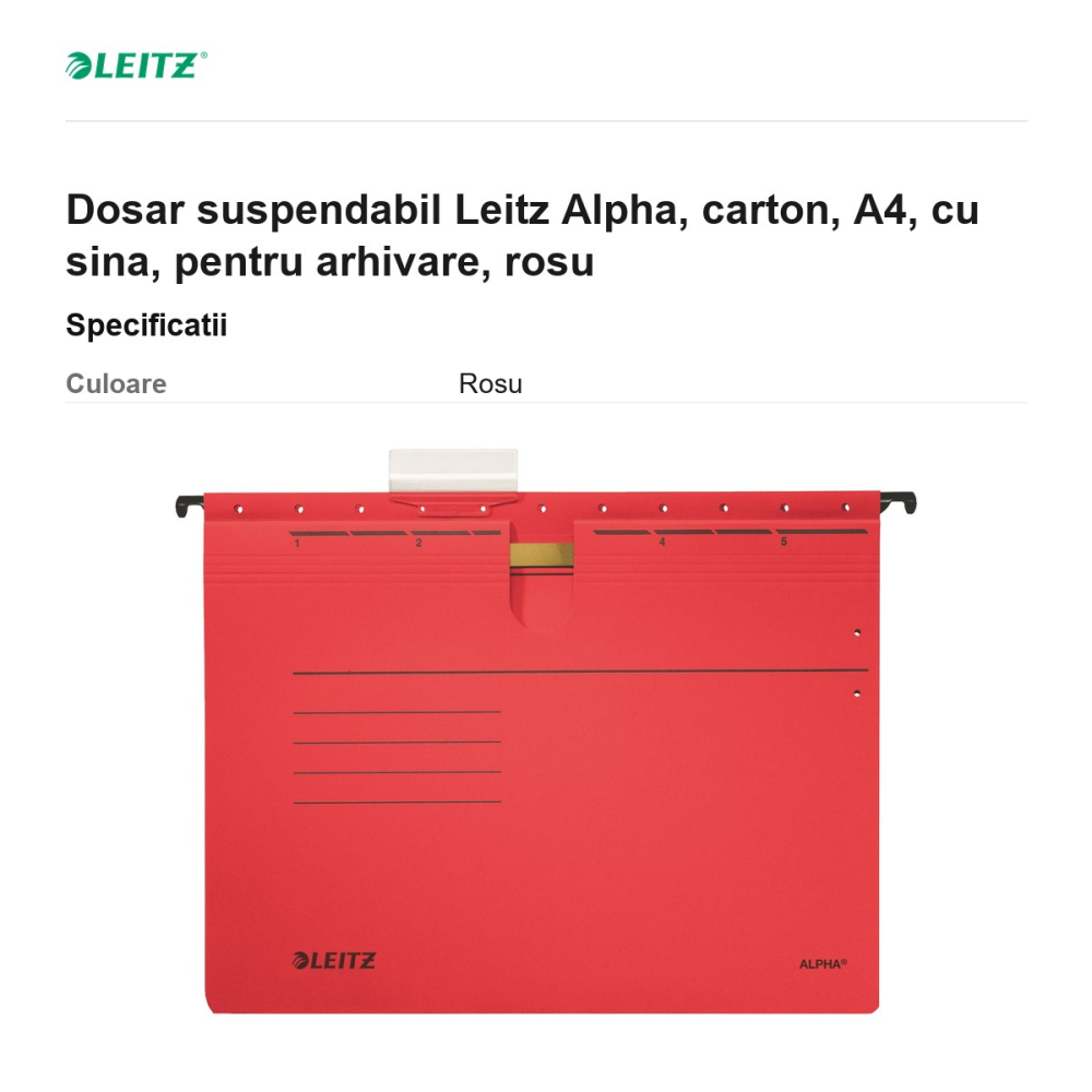 Dosar suspendabil Leitz Alpha, carton, A4, cu sina, pentru arhivare, rosu [3]