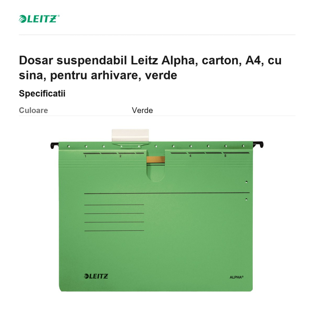 Dosar suspendabil Leitz Alpha, carton, A4, cu sina, pentru arhivare, verde [3]